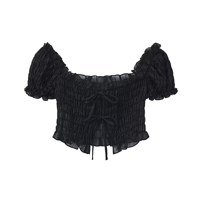 ‘Soleil’ Black Smocking Puff Sleeve Top