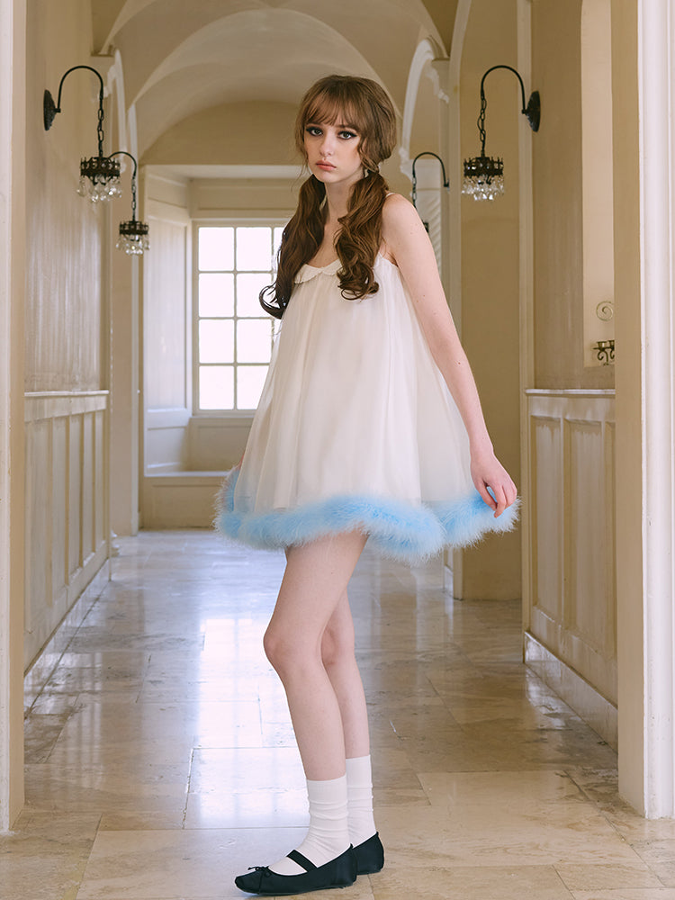 ‘Margot’ White Tulle Blue Feather Slip Dress