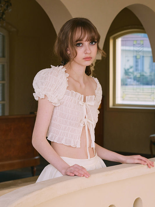 ‘Soleil’ Beige Smocking Puff Sleeve Top