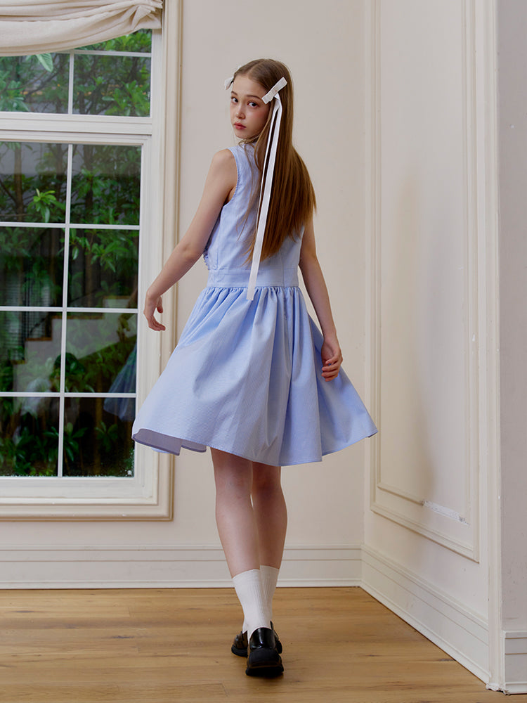 ‘Cloud Surfing’ Blue V-cut Gathering Dress