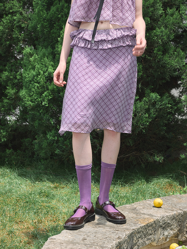 ‘Harold’ Purple Plaid Ruffles Midi Skirt