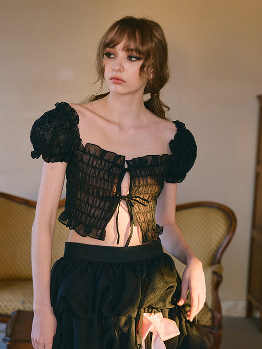 ‘Soleil’ Black Smocking Puff Sleeve Top