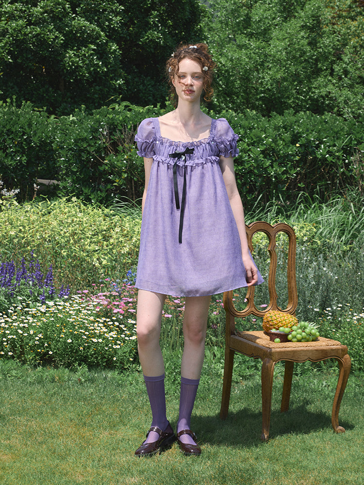 ‘Ariel’ Purple Linen Puff Dress
