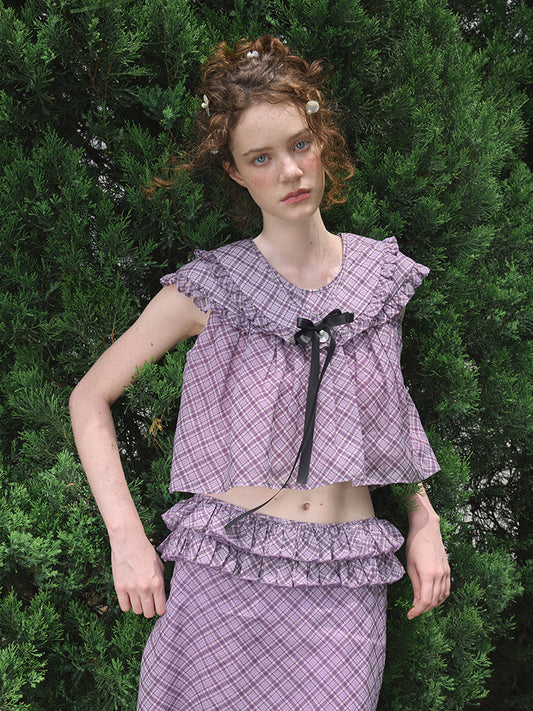 ‘Flounder’ Purple Plaid Double-Layer Collar Top