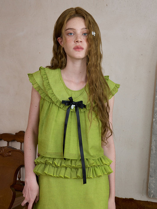 ‘Flounder’ Green Linen Double-Layer Collar Top