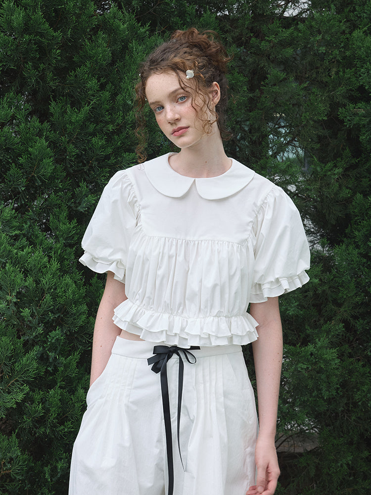 ‘Ursula’ White Ruched Cropped Top