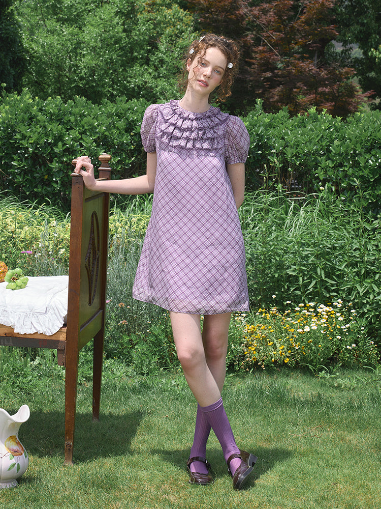 ‘Attina’ Purple Plaid Ruffles Dress