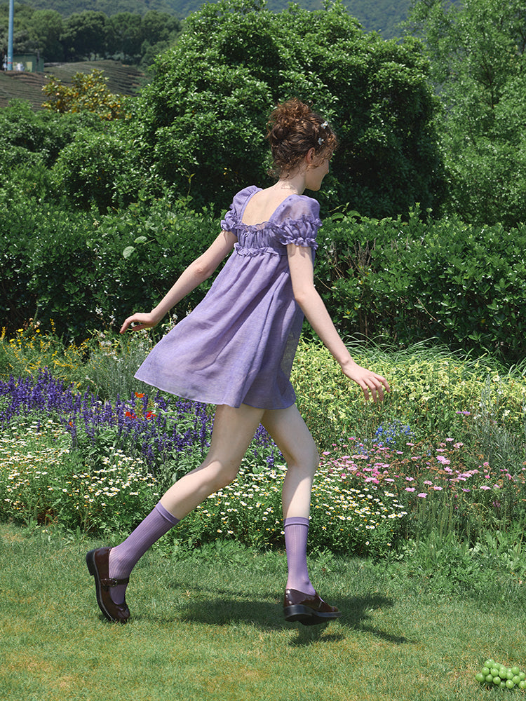 ‘Ariel’ Purple Linen Puff Dress