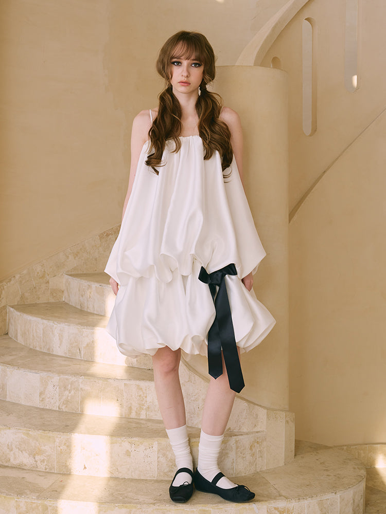 ‘Éloïse’ White Gathered Puffy Slip Dress
