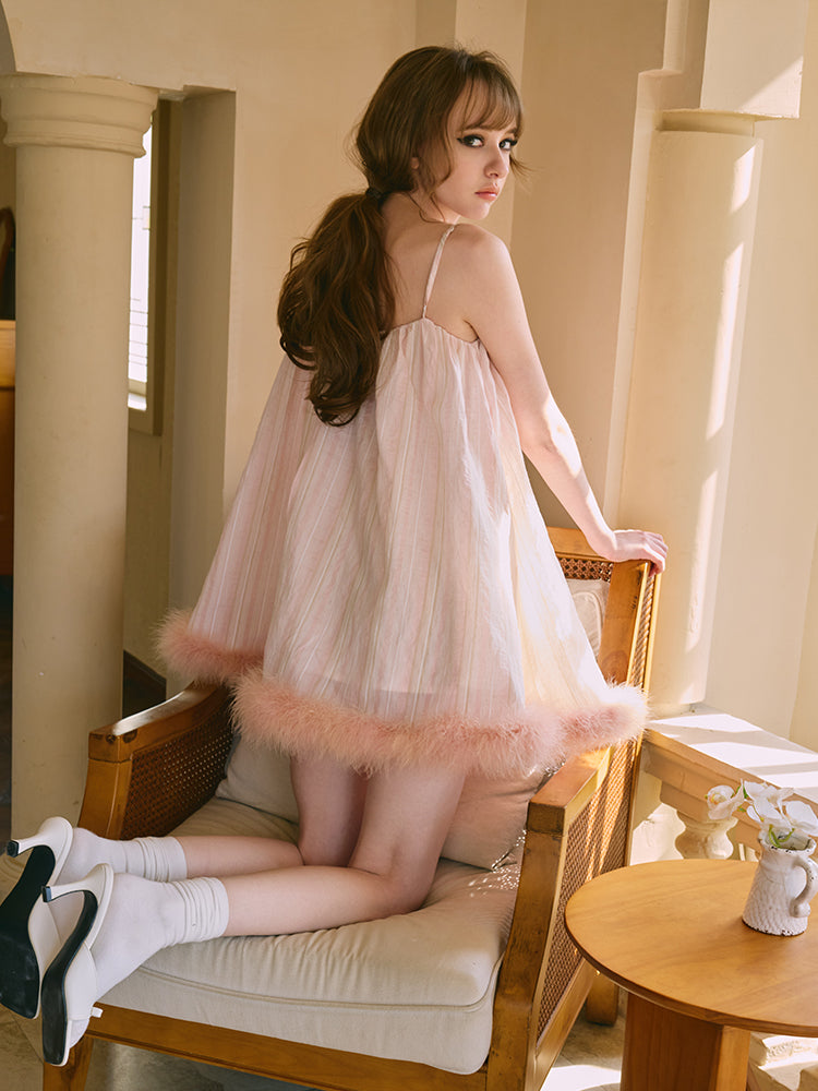 ‘Margot’ Pink Striped Feather Slip Dress