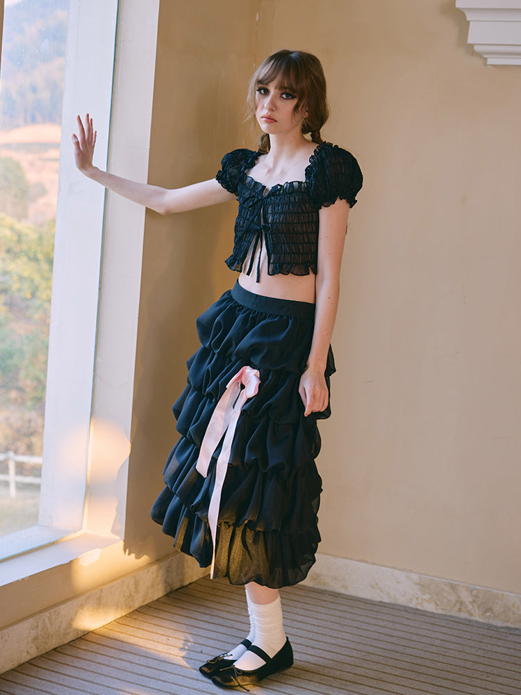 ‘Soleil’ Black Smocking Puff Sleeve Top