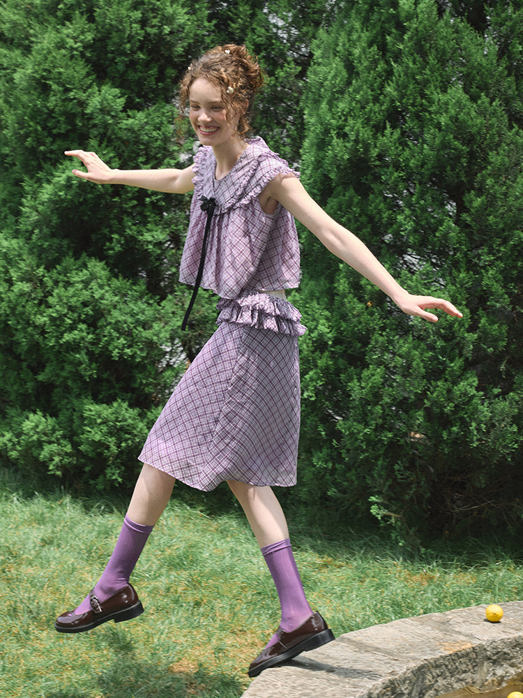 ‘Flounder’ Purple Plaid Double-Layer Collar Top