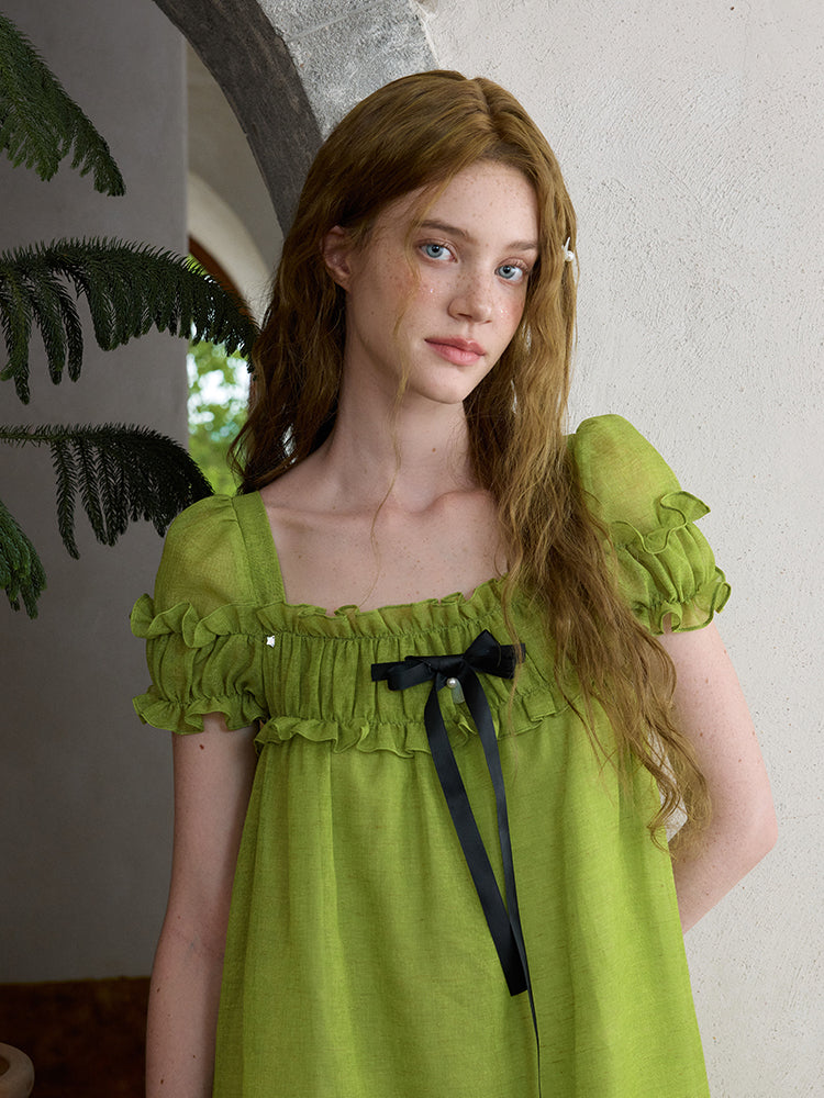 ‘Ariel’ Green Linen Puff Dress