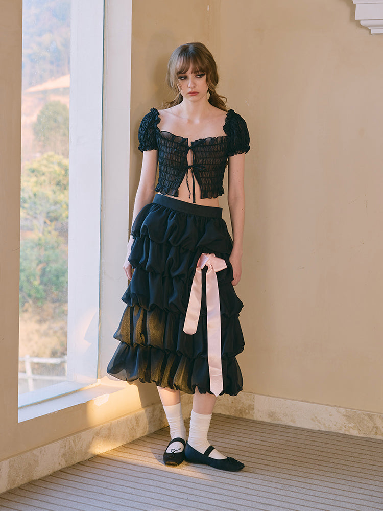 ‘Mélodie’ Black Organza Pleated Skirt