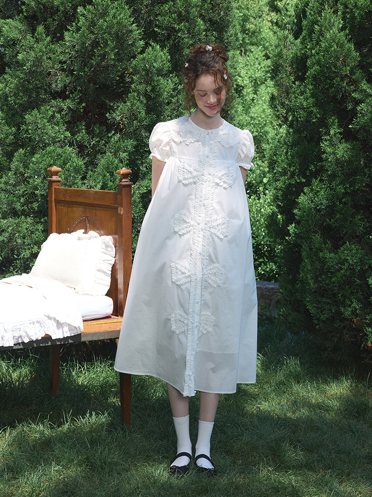 ‘Andrina’ White Gathering Bow-tie Long Shirt Dress
