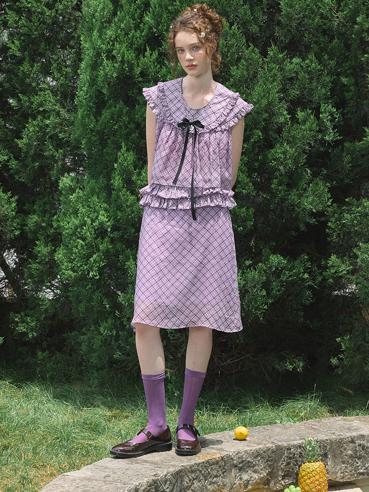 ‘Harold’ Purple Plaid Ruffles Midi Skirt