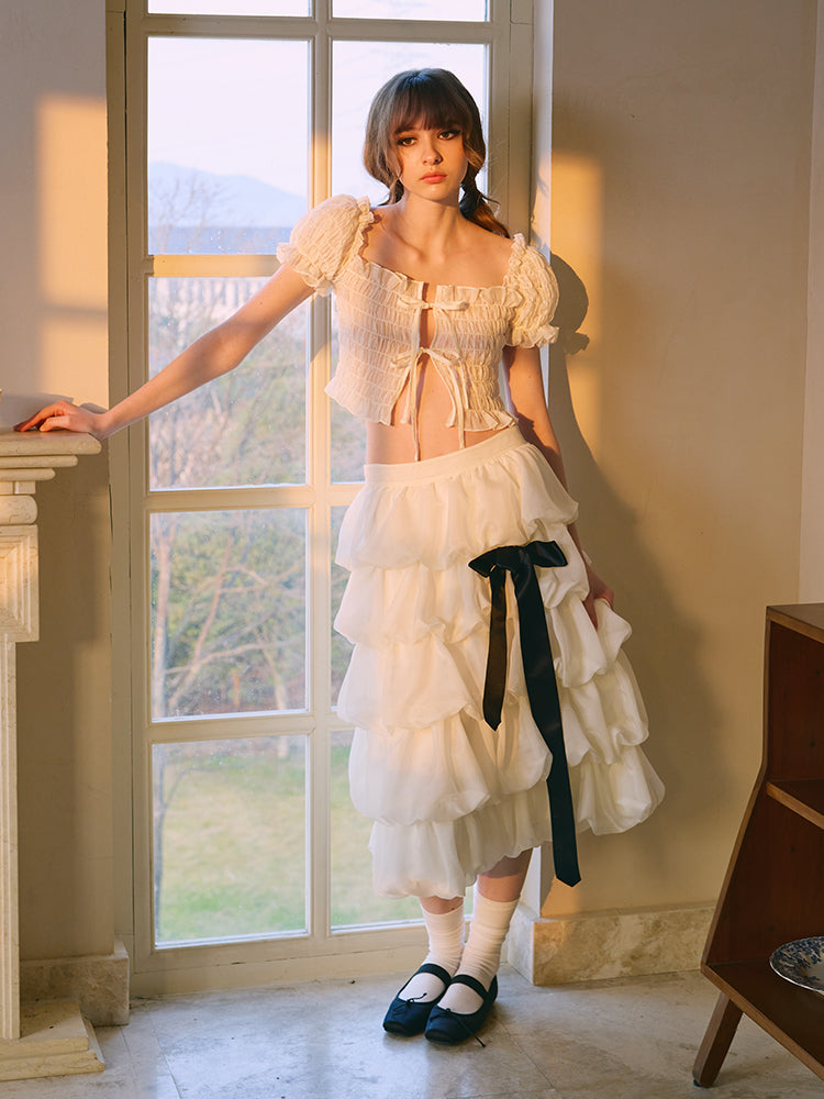‘Mélodie’ Beige Organza Pleated Skirt