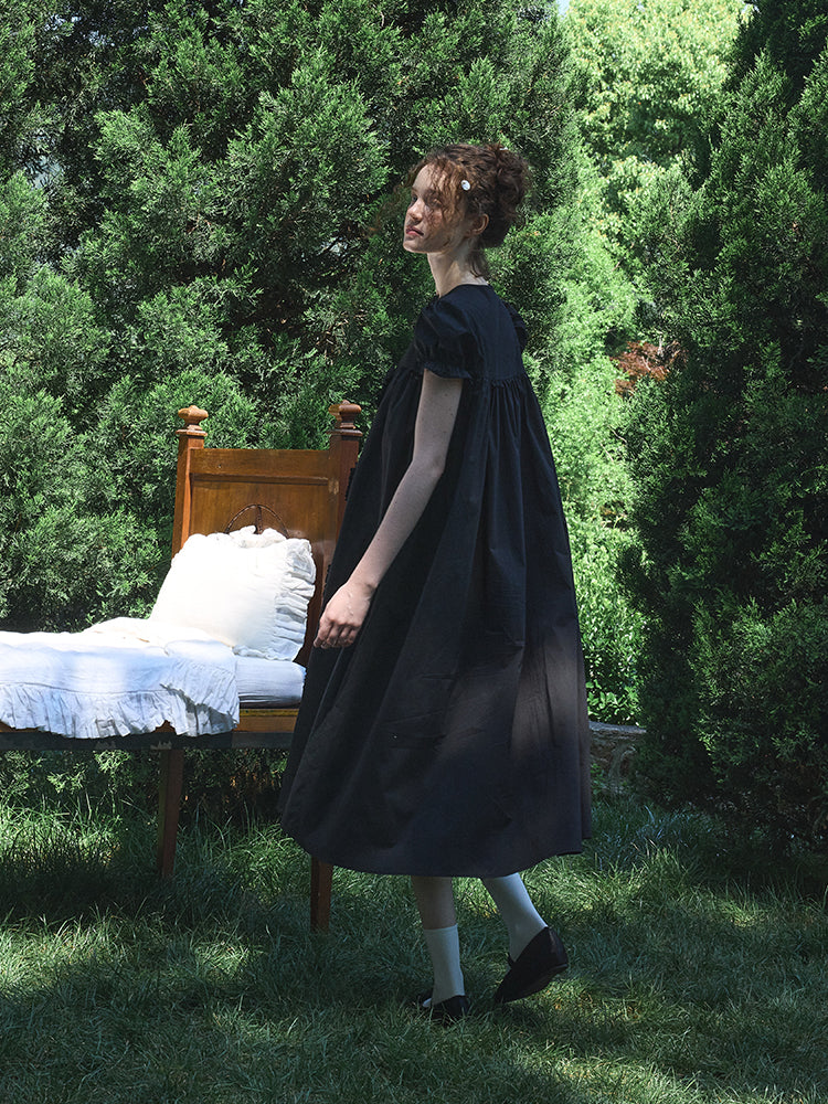 ‘Andrina’ Black Gathering Bow-tie Long Shirt Dress