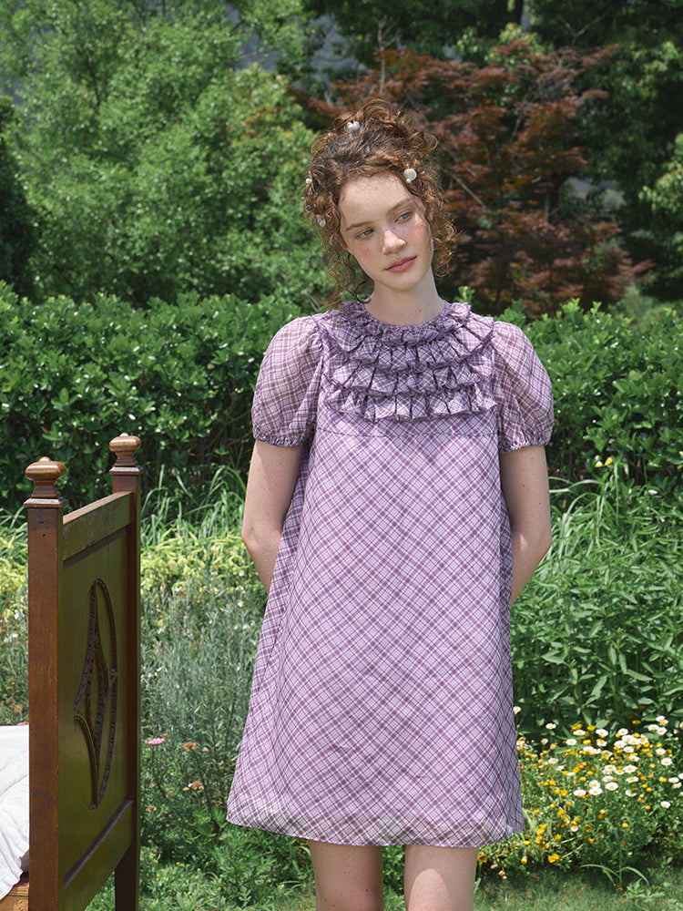 ‘Attina’ Purple Plaid Ruffles Dress