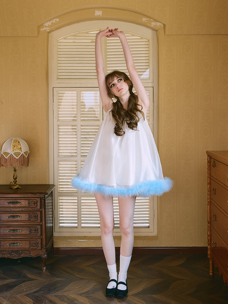 ‘Margot’ White Tulle Blue Feather Slip Dress