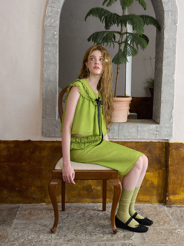 ‘Harold’ Green Linen Ruffles Midi Skirt
