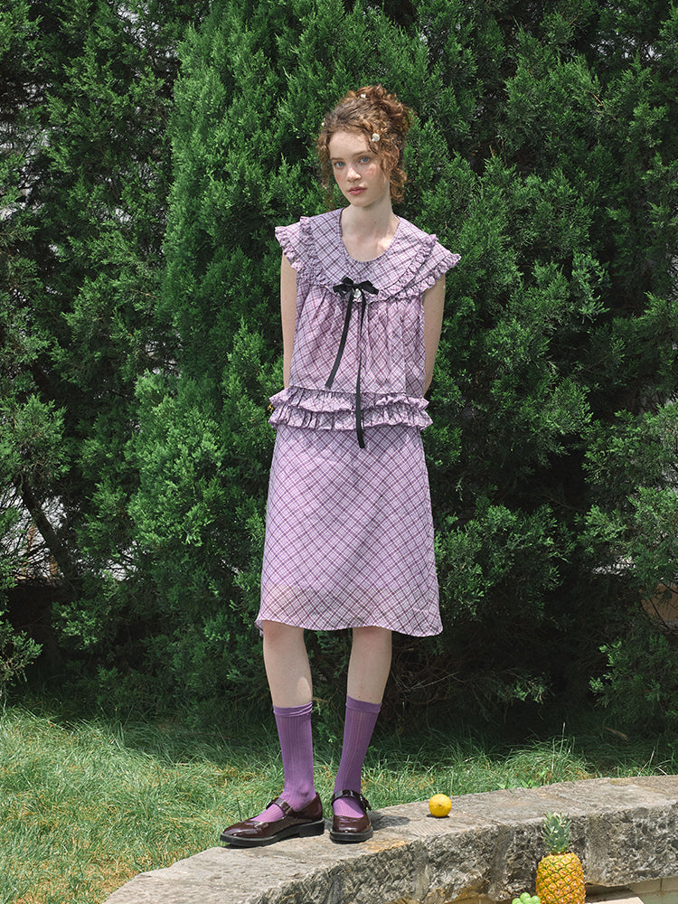‘Flounder’ Purple Plaid Double-Layer Collar Top
