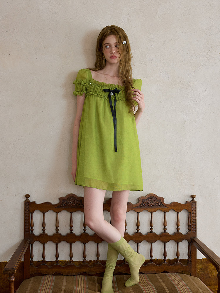 ‘Ariel’ Green Linen Puff Dress