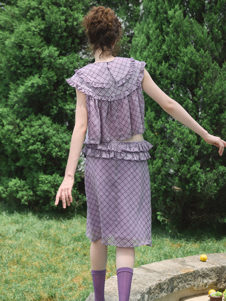 ‘Harold’ Purple Plaid Ruffles Midi Skirt