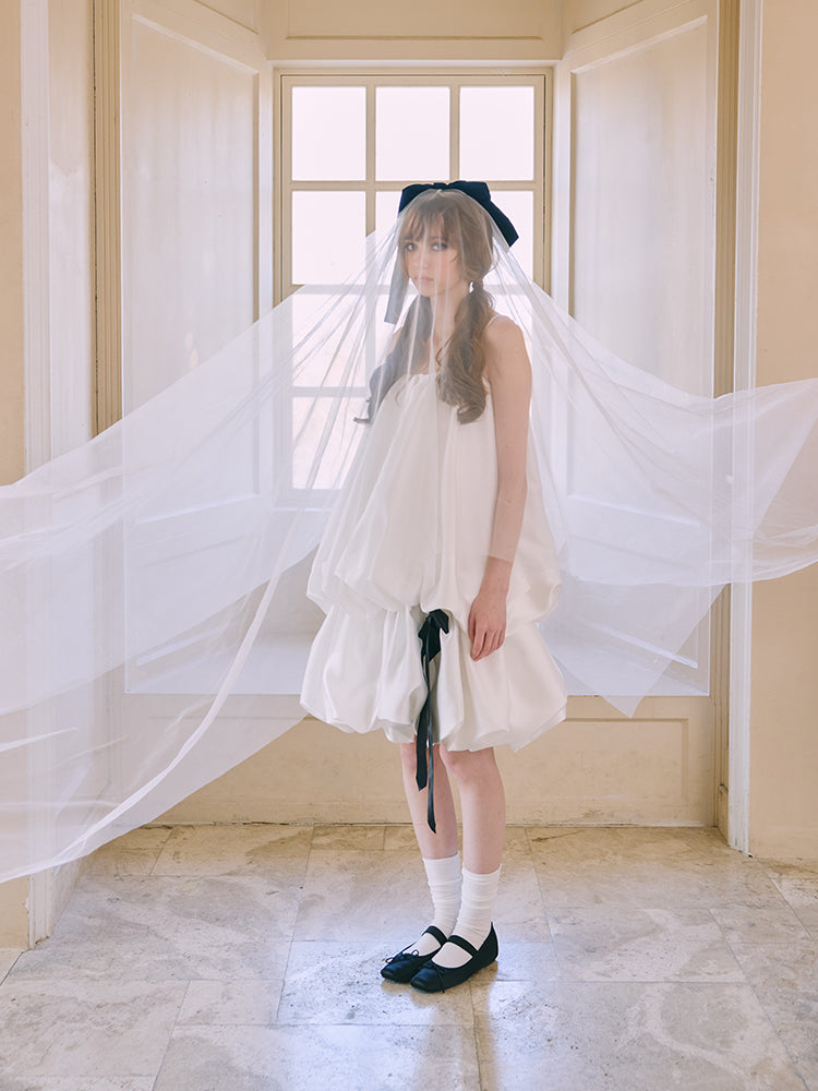 ‘Éloïse’ White Gathered Puffy Slip Dress