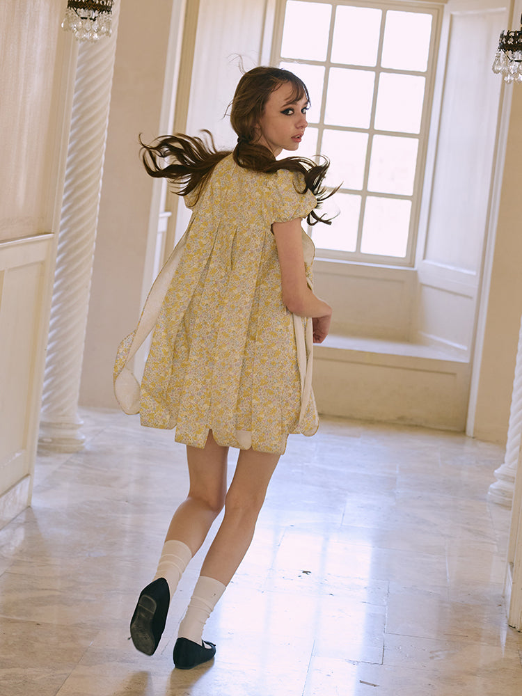 ‘Perle’ Yellow Floral Puff Sleeve Babydoll Dress