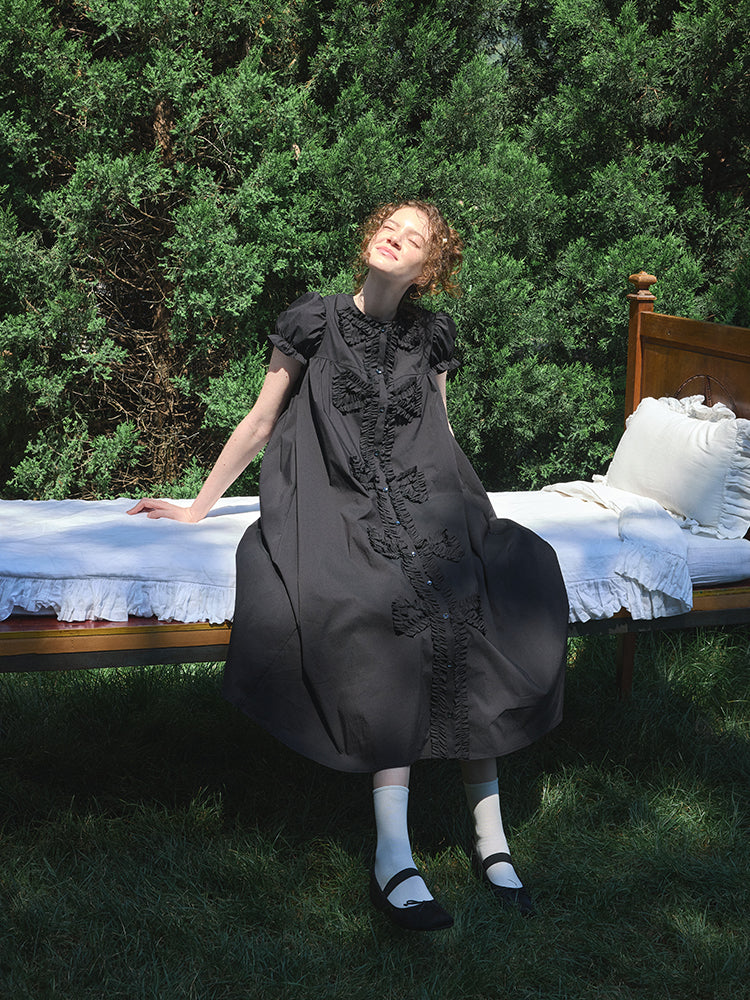 ‘Andrina’ Black Gathering Bow-tie Long Shirt Dress