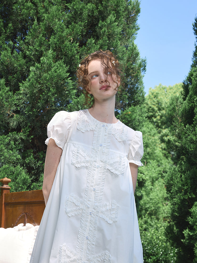‘Andrina’ White Gathering Bow-tie Long Shirt Dress