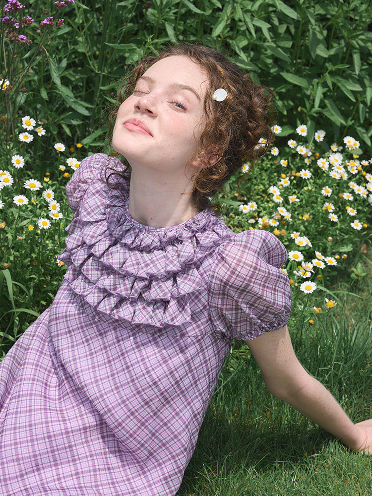 ‘Attina’ Purple Plaid Ruffles Dress