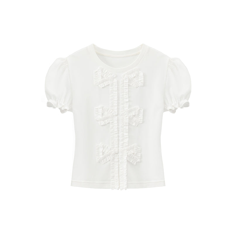 ‘Carlotta’ White Ruffles Bow T-shirt