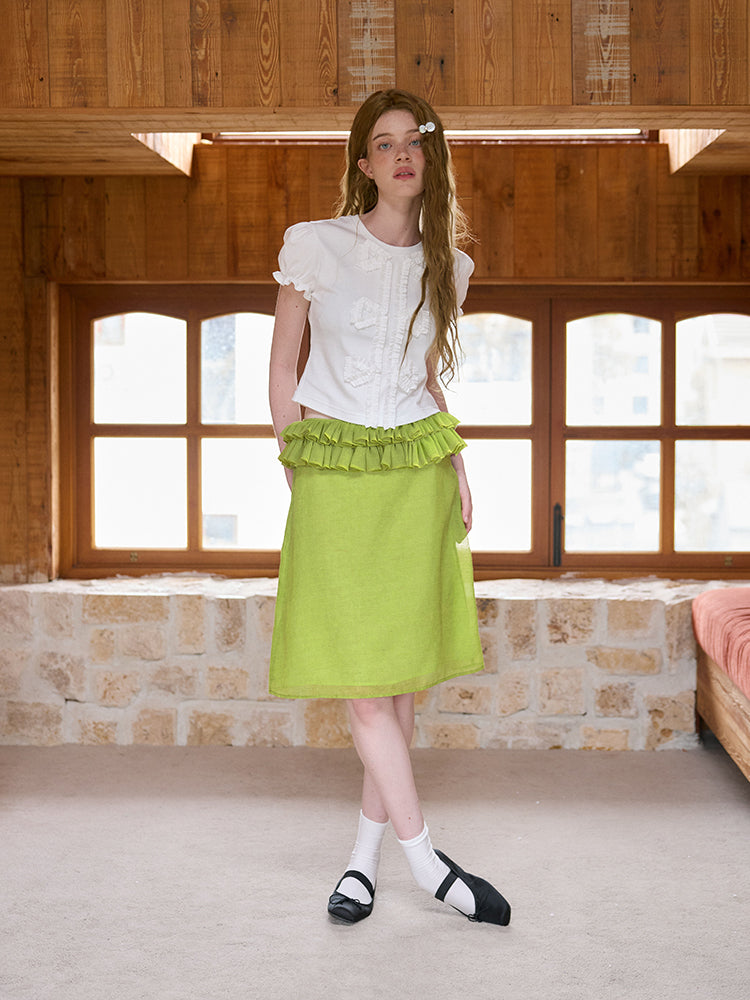 ‘Carlotta’ White Ruffles Bow T-shirt