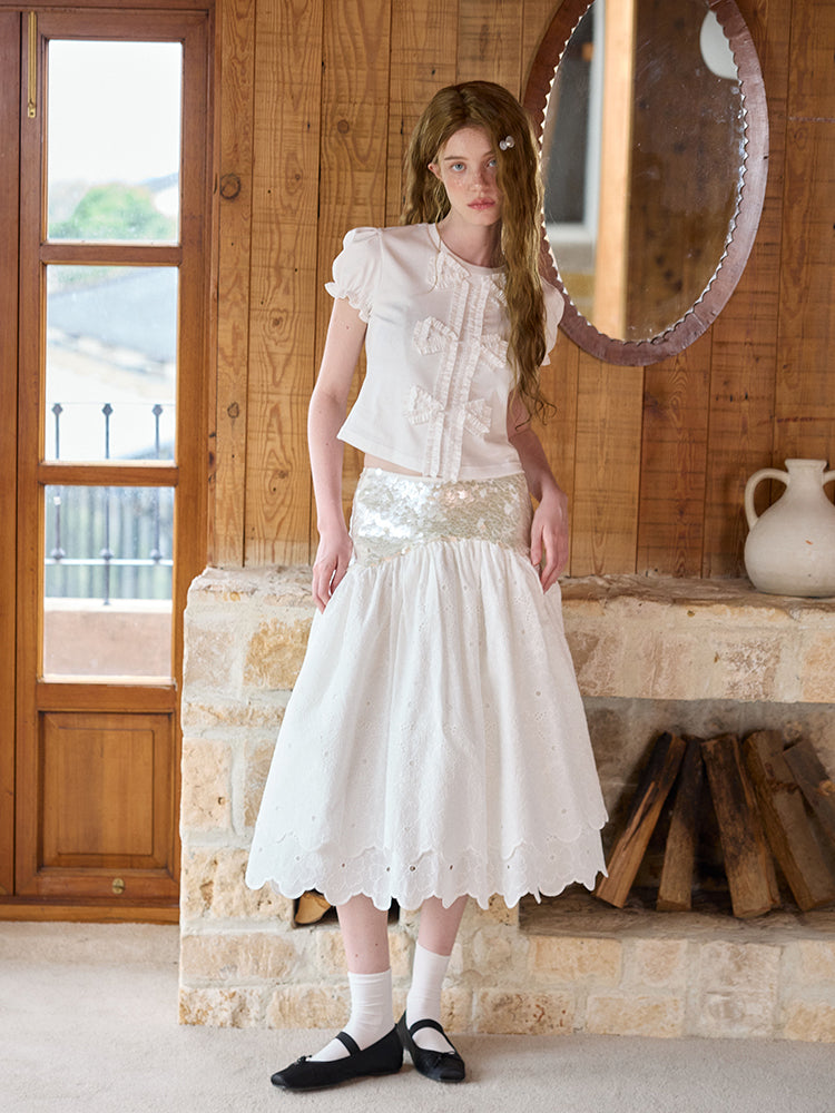 ‘Carlotta’ White Ruffles Bow T-shirt